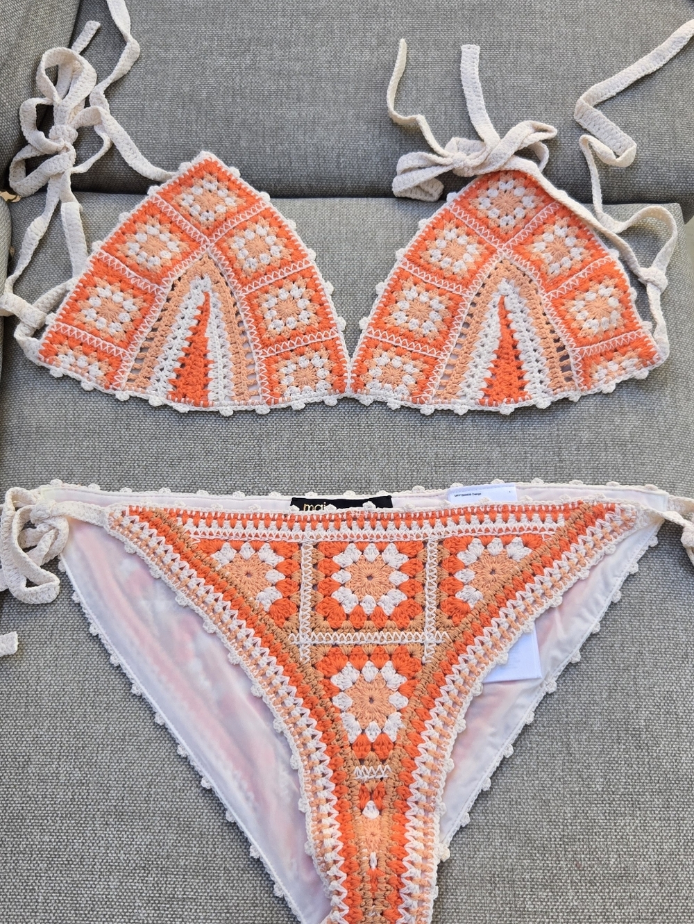 Maje Crochet Triangle Bikini Set in Peach and Cream - Women's Swim - Picture 3 of 10
